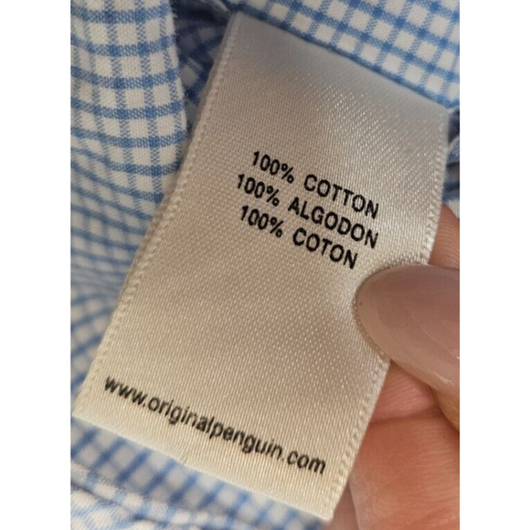 Original Penguin Mens Button Down Shirt XL Blue Gingham Logo Short Sleeve Cuffed - Picture 8 of 10